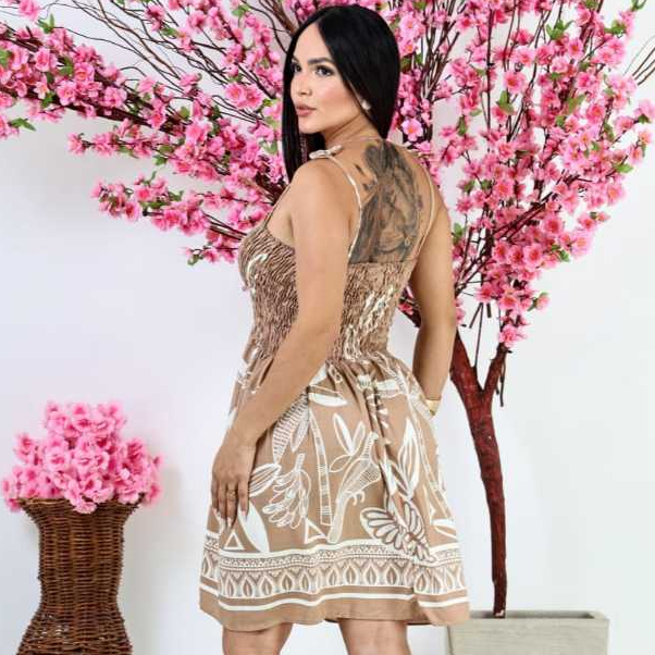 Vestido Curto com Alcinhas e Lastex Feminino Estampado Casual Verão | La Femme Rosa