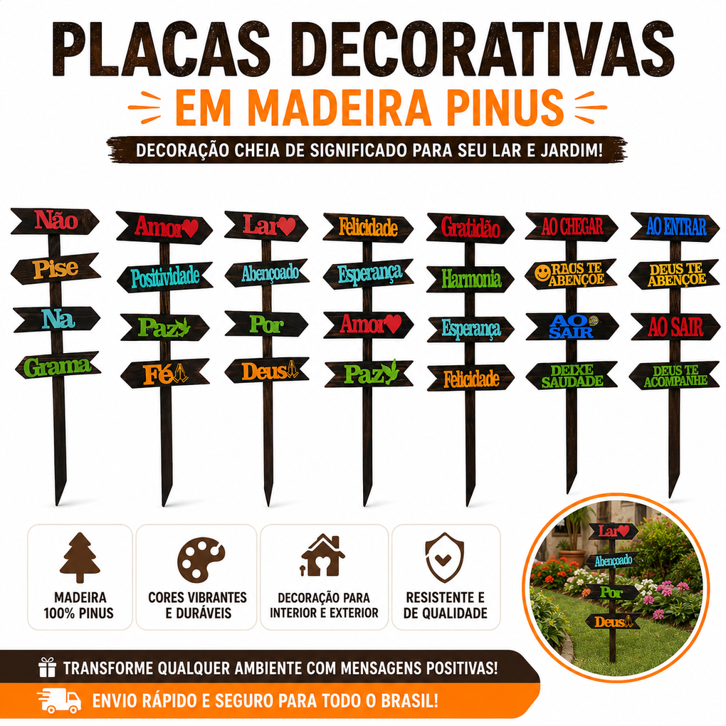 Placas de Jardim em Madeira Pinus com Frases Decorativas