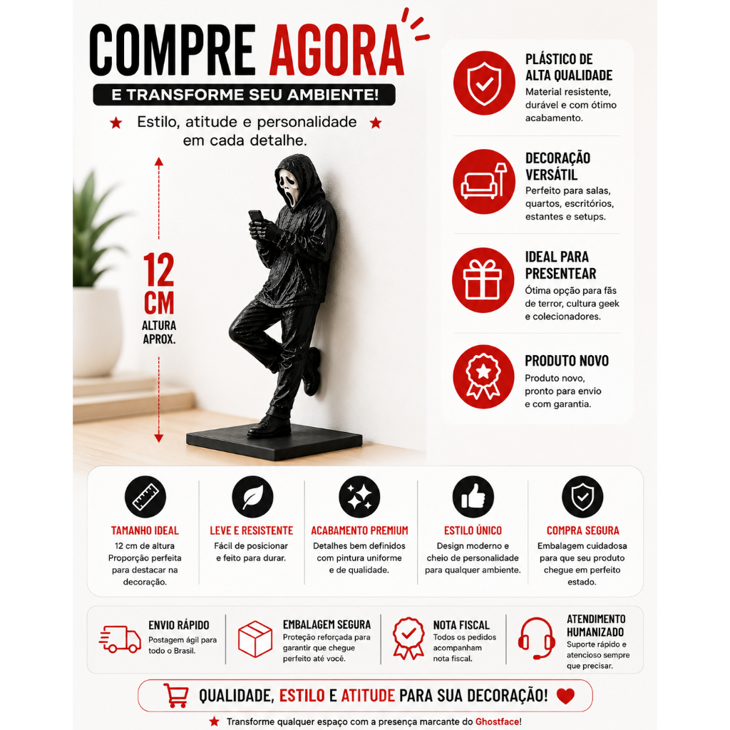 Boneco Ghostface  Panico 12cm Terror Miniatura Decoração Geek Horror para Setup Gamer Estante Mesa Presente