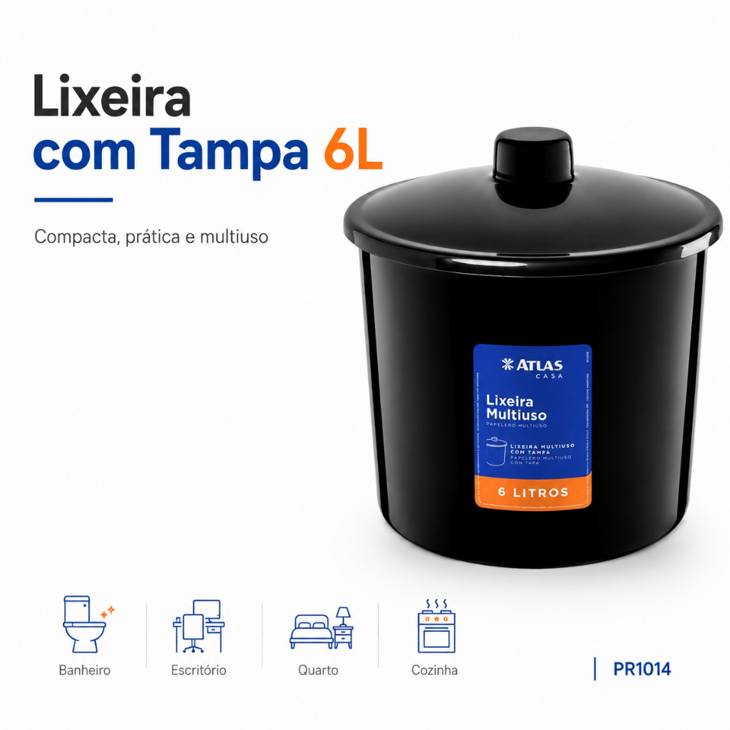 Lixeira com Tampa 6 Litros Atlas Casa PR1014 Multiuso Plástica Resistente Banheiro Cozinha Escritório Lavabo Casa Quarto
