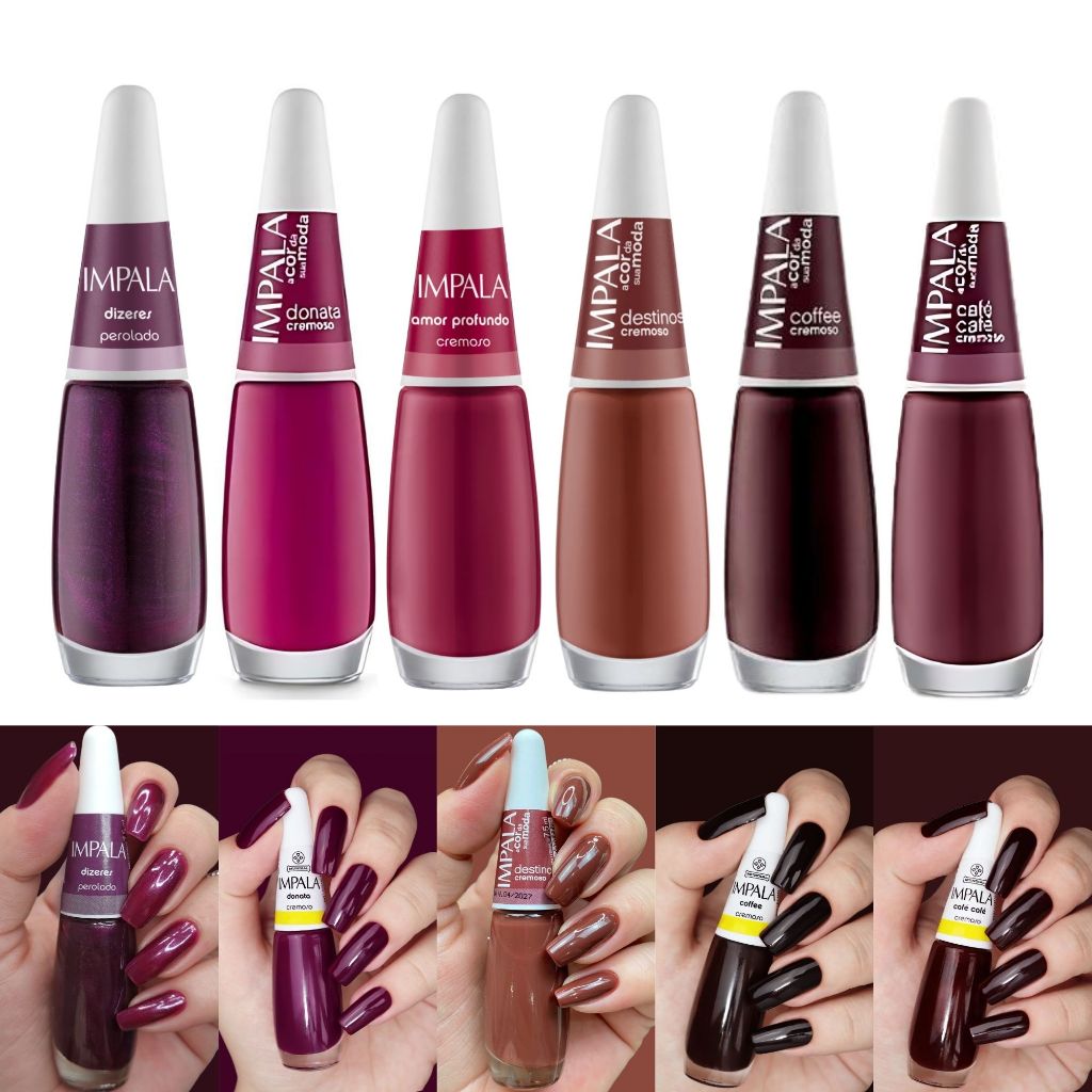 Kit de Esmaltes Impala Tons Escuros Café Coffee Donata Tons de Marrom Roxo Vermelho Atacado