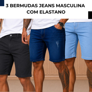 Kit 3 Bermuda Masculina Jeans C Elastano tam 36 ao 48 - Shorts Masculino Casual - Roupa Masculina