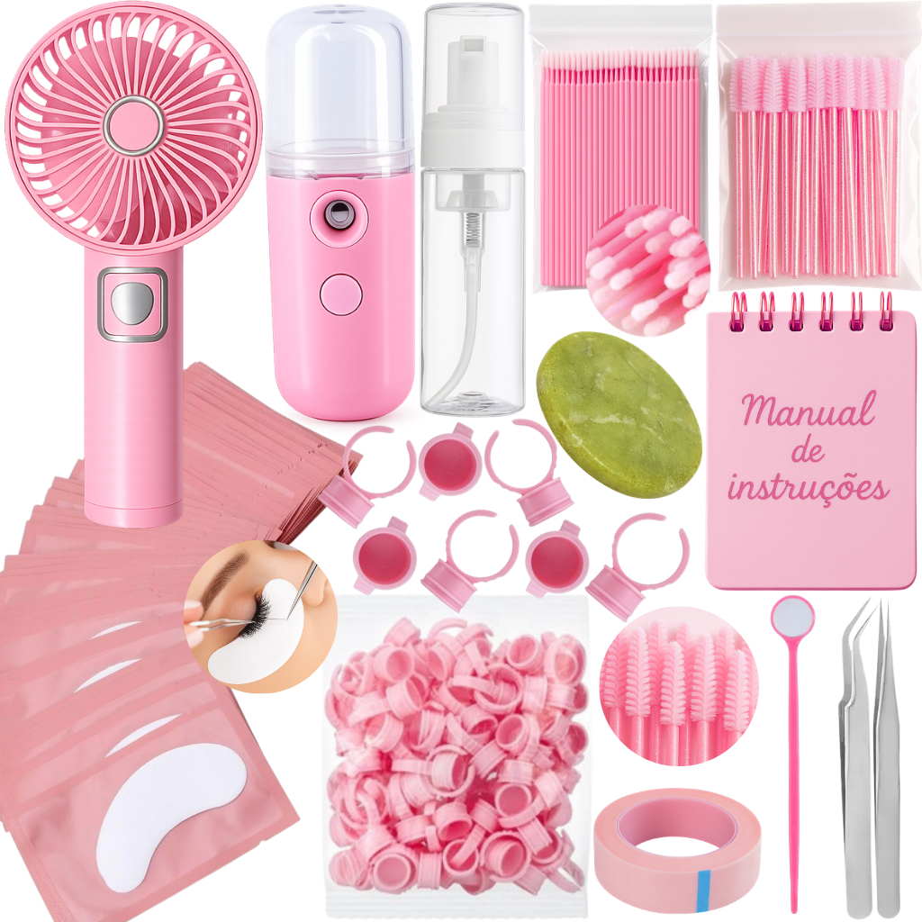 Kit Completo Iniciante Extensão De Cílios Nano Ventilador Escovinha Pinça Pedra Jade Pump Pads