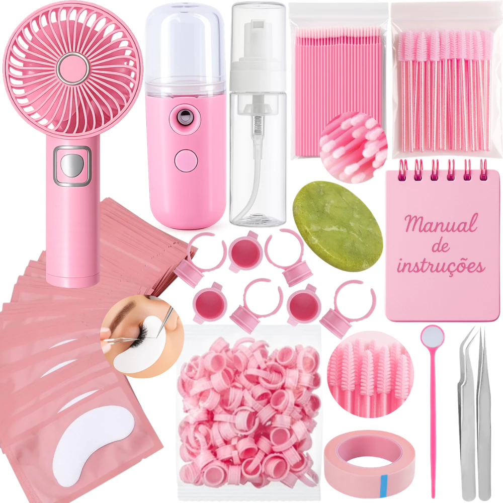 Kit Completo Iniciante Extensão De Cílios Nano Ventilador Escovinha Pinça Pedra Jade Pump Pads