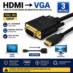 Cabo HDMI para VGA 3 Metros Conversor 1080p PC Notebook Monitor