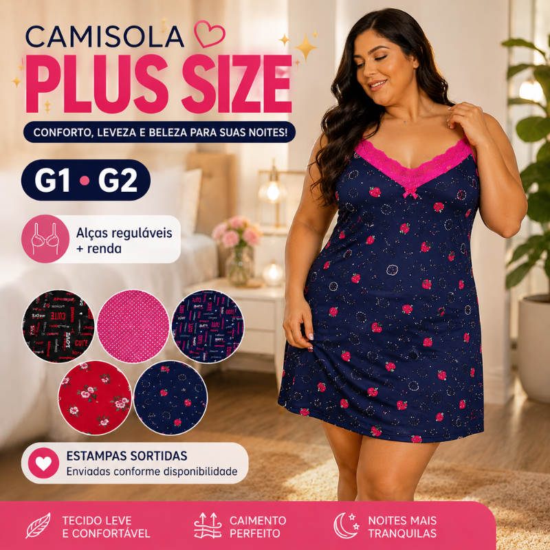 Camisola Plus Size Feminina G1 G2 com Renda Alça Regulável Estampada Roupa de Dormir Confortável |161|  Promoção