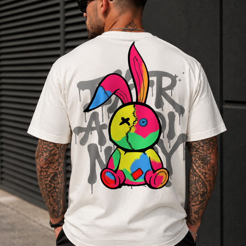 Camiseta Masculina 100% Algodão Streetwear Coelho Artista Camisa de Skatista Estampada Premium Reforçada