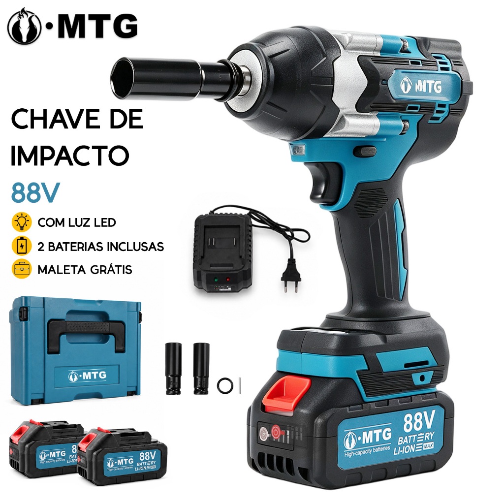 Chave de Impacto 1/2" 88V Profissional Kit Completo com 2 Baterias Lítio Carregador Bivolt Soquetes