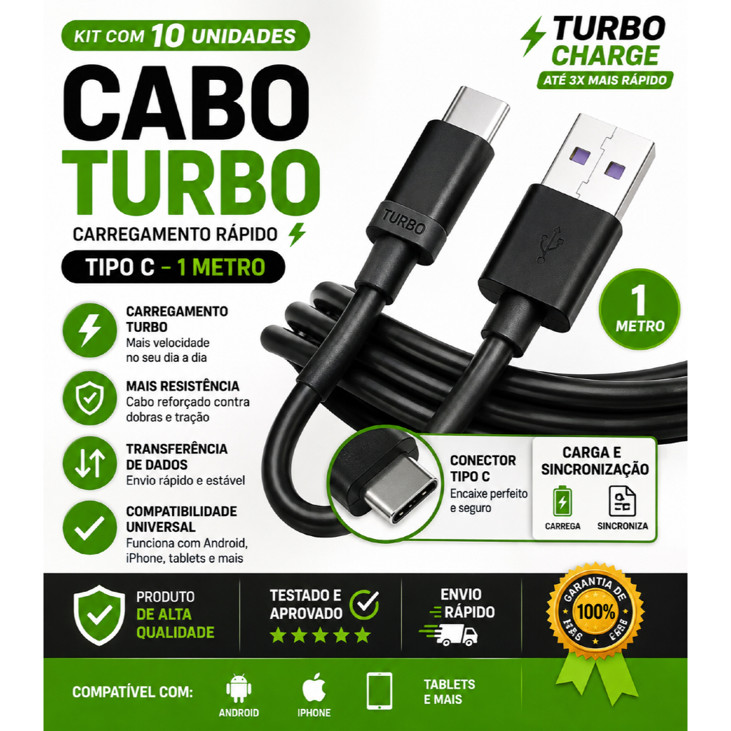 Kit 10 Cabo Tipo C Turbo Carregador Rápido 1 Metro USB-C para Celular Android Sa