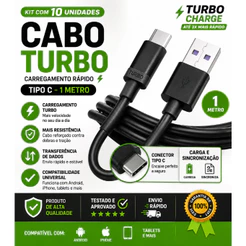 Kit 10 Cabo Tipo C Turbo Carregador Rápido 1 Metro USB-C para Celular Android Samsung Motorola Xiaomi