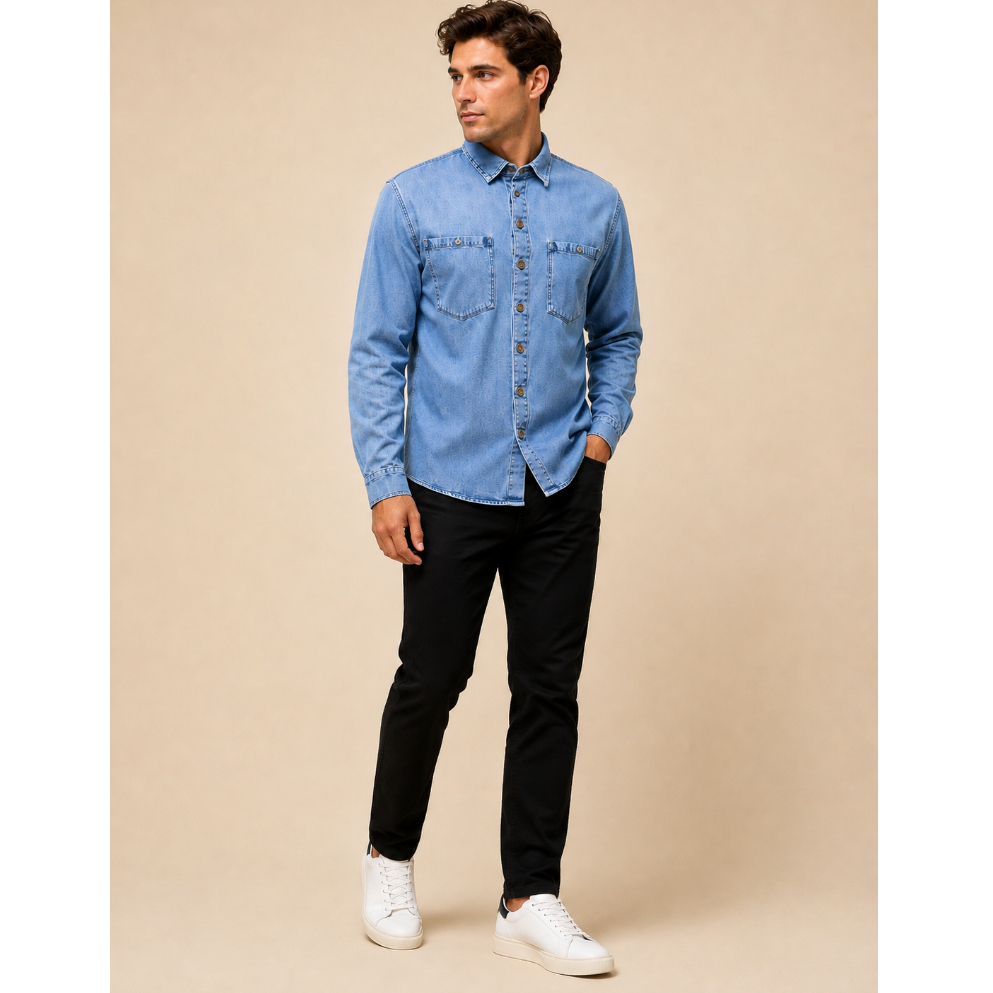 Jaqueta Jeans Masculina Azul Claro Do P ao GG Com Bolsos Frontais Estilosa e Confortável — imagem 2 de 2