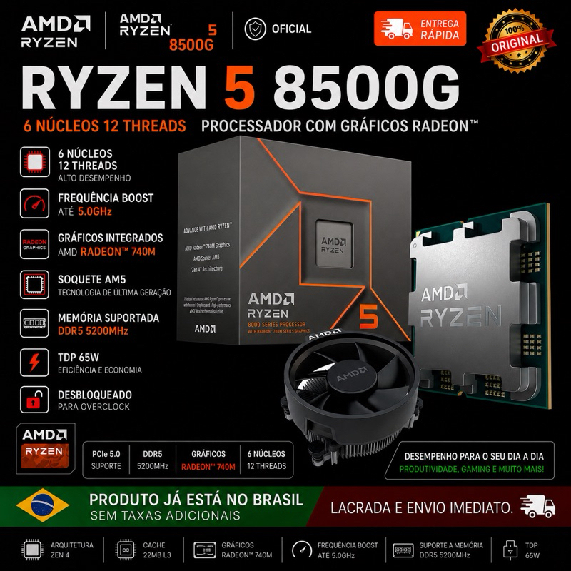 Processador AMD Ryzen 5 8500G, 3.5GHz (5.0GHz Turbo) Com Cooler AMD Wraith Steal