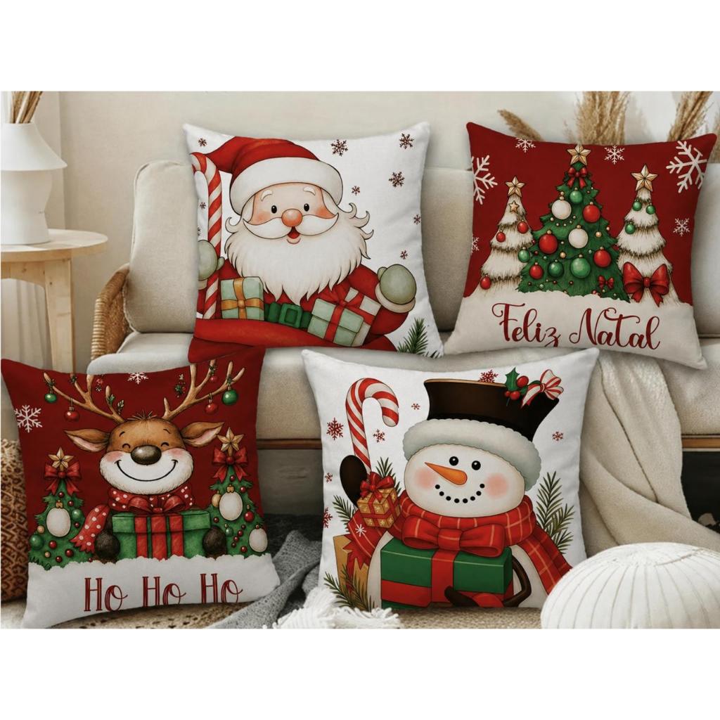 KIT 4 CAPAS DE ALMOFADAS DECORATIVAS NATAL PAPAI NOEL RENA - TAMANHO 45X45