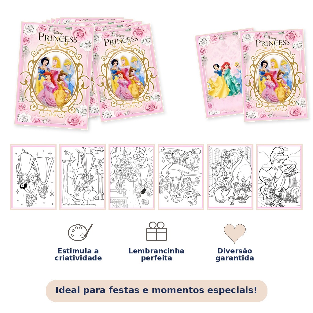 Mini Livro De Colorir PRINCESAS Personalizado 10x7cm Lembrancinha Festa Infantil P/ Maletinha Acrílica Saquinho Surpresa