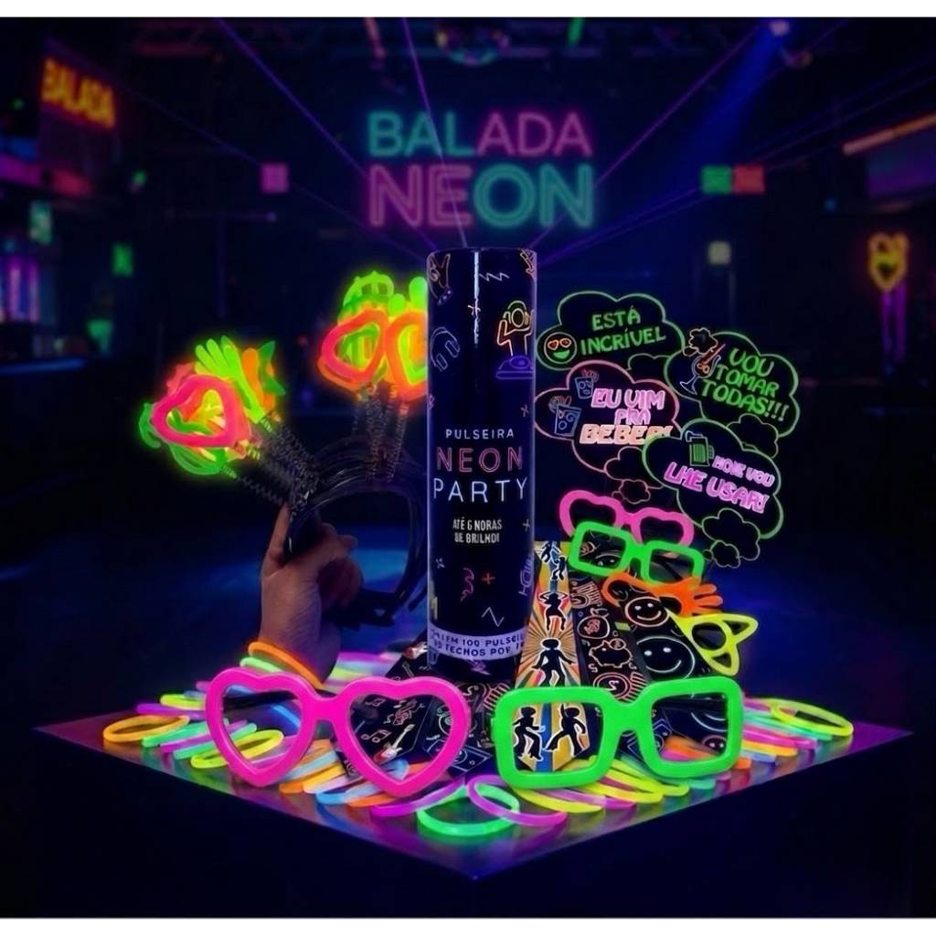 Kit Balada Festa Neon 140 Pecas Para Casamento Aniversario Oculos Tiara Pulseira Neon