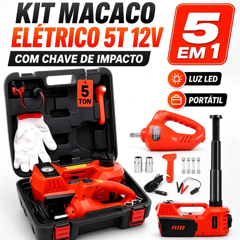 Kit Macaco Elétrico 5T 12V Portátil Com Chave de Impacto e Luz LED de Emergência - Caixa de Ferramentas