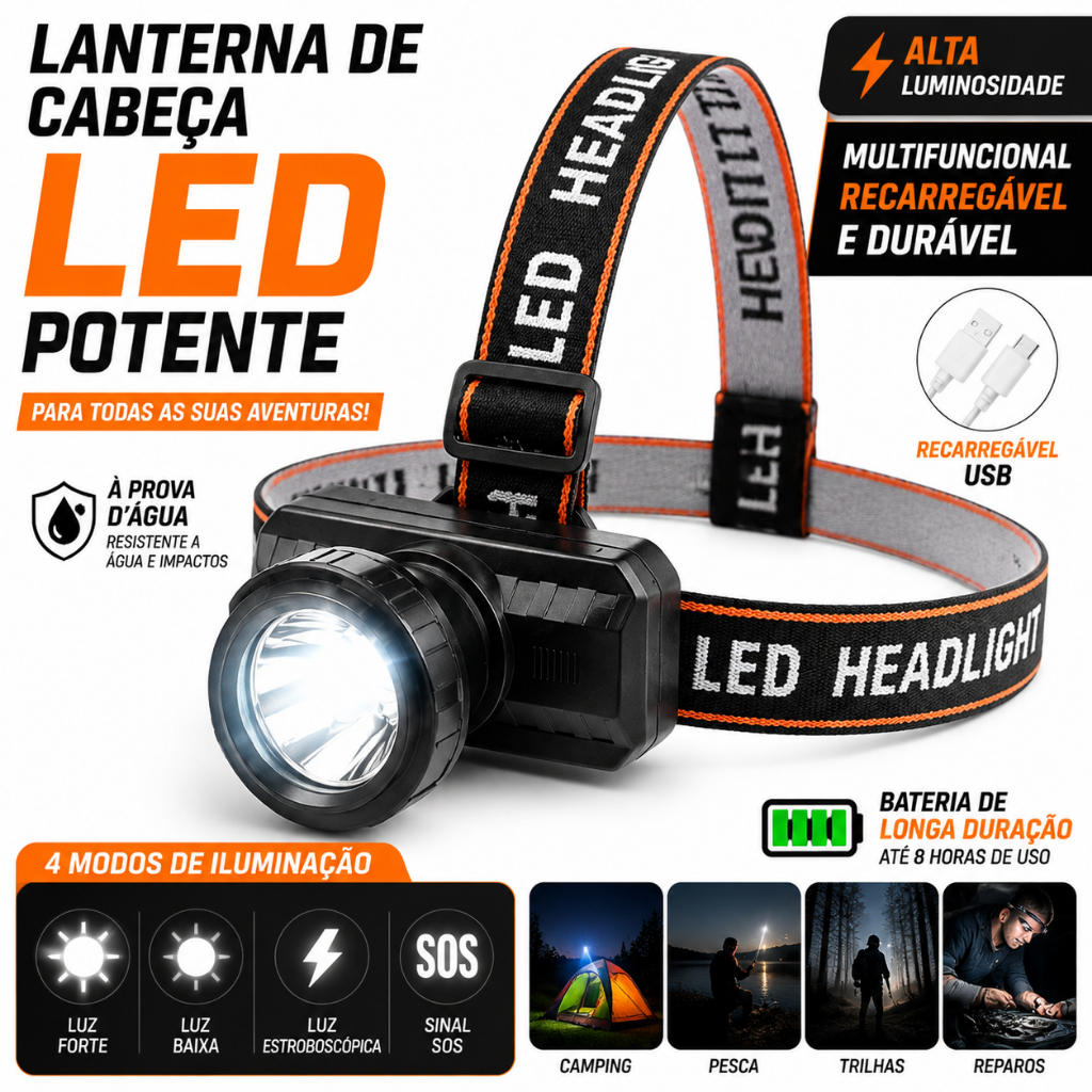Imagem Lanterna de Cabeça LED Recarregável USB, Luz Super Brilhante, À Prova D'água, 4 Modos para Pesca, Camping e Caminhadas