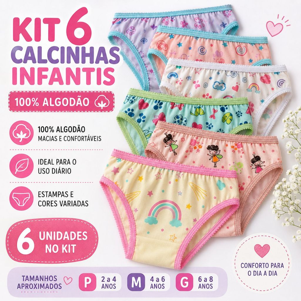Kit 6 Calcinhas Infantis Menina 100% Algodão Confortável EstampadasKit 6 Calcinhas Infantis Menina 100% Algodão Confortá