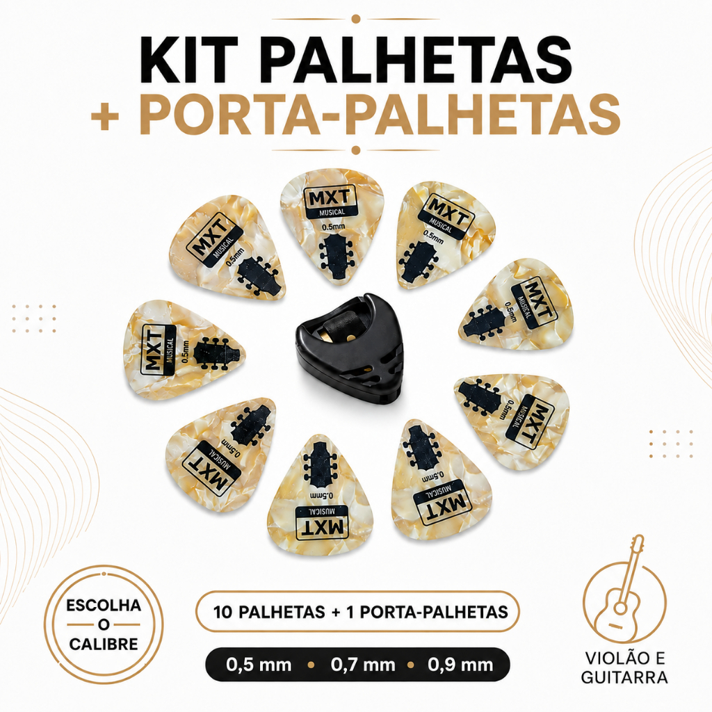 Kit 10 Palhetas Violão Guitarra com Porta-Palhetas Celuloide 0,5 0,7 ou 0,9 mm MXT