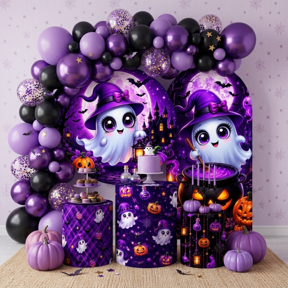 Capa Sublimado Painel Redondo Trio Cilindros Decoração Festa Bruxinha Halloween Infantil Fantasminha