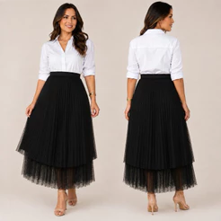 Saia Tule 2 Camadas Plissada Moda Feminina Evangélica