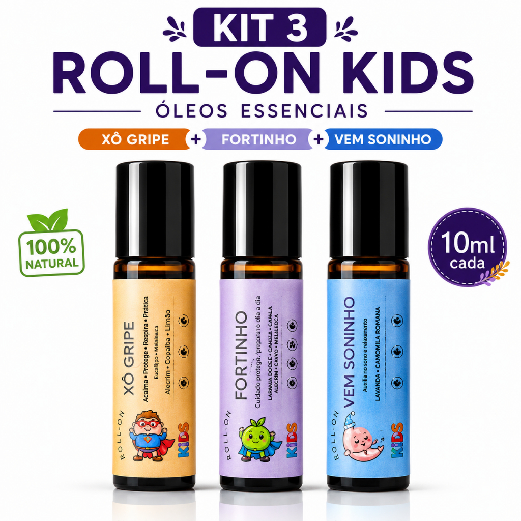 Óleos Essenciais Kids Kit 3 Roll On Infantil Xô Gripe + Fortinho + Vem Soninho