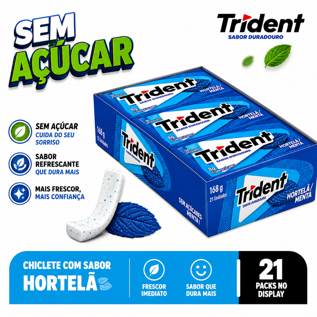 Trident Hortelã Sem Açúcar 168g – Display 21 Unidades