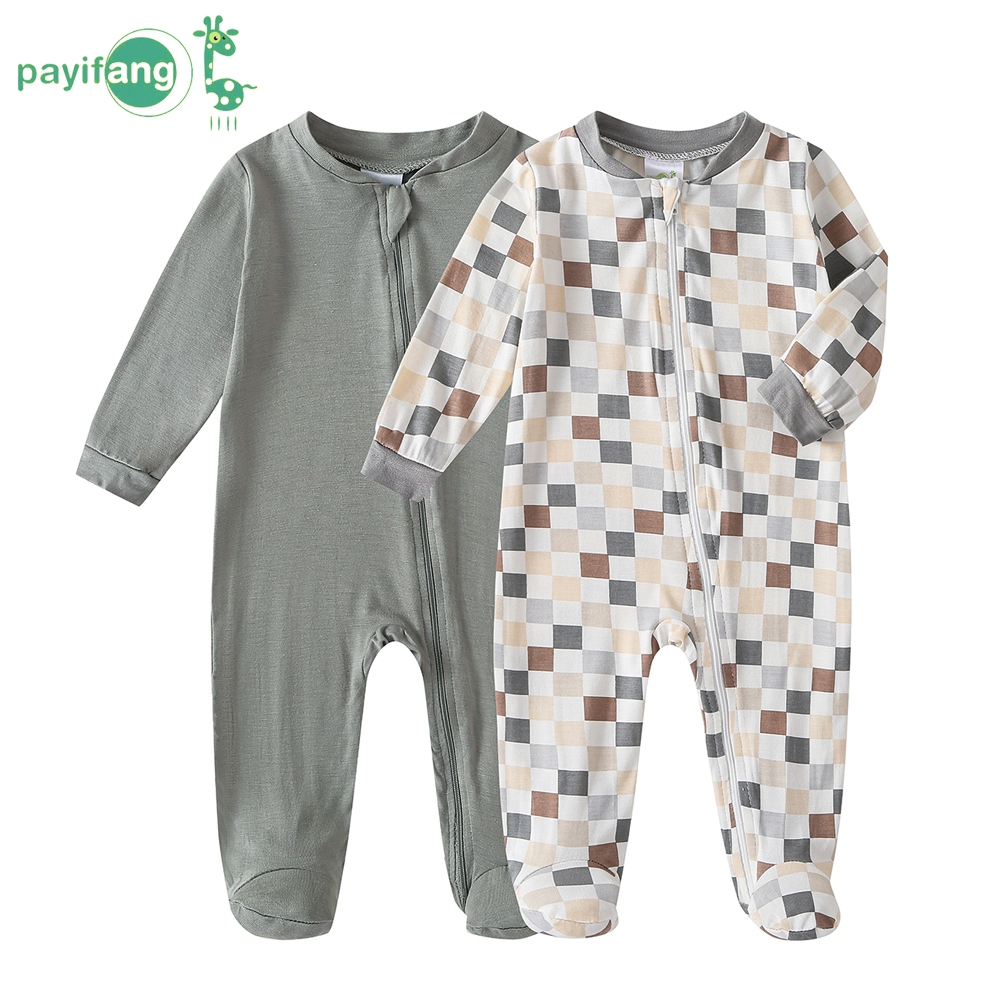Kit 2 Peças Macacão Bebê Pijama com Pé Zíper Fibra de Bambu 100% Quadriculado Infantil.