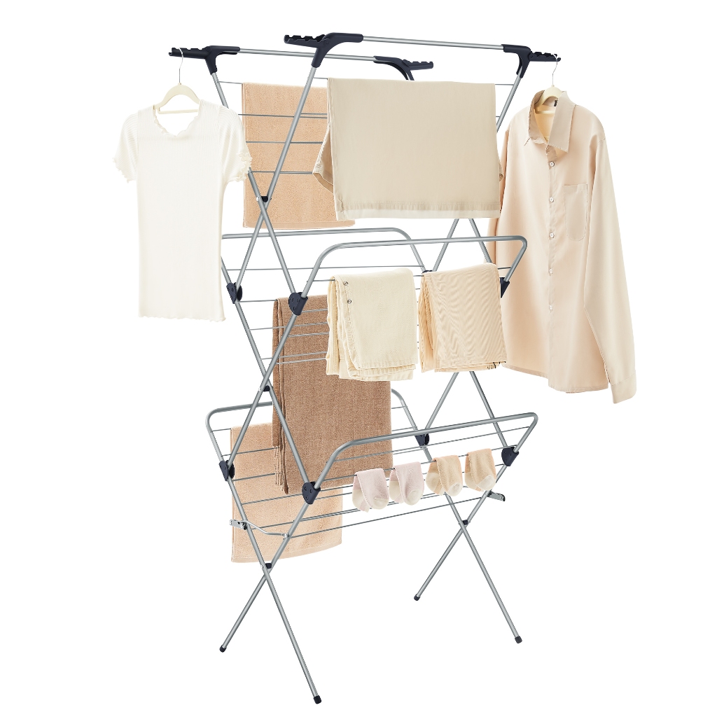 SONGMICS Varal de Roupas Dobrável, Estendal Compacto de Aço, para Lavanderia, Uso Interno e Externo, 20 m, Cinza
