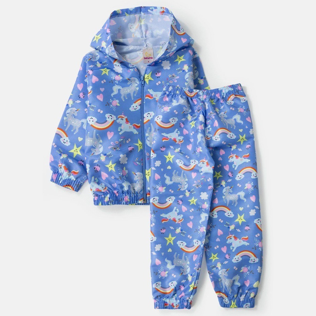 Conjunto Infantil Menina Corta Vento Tactel Arco Íris Azul Inverno La Luna Tamanhos 2 ao 12