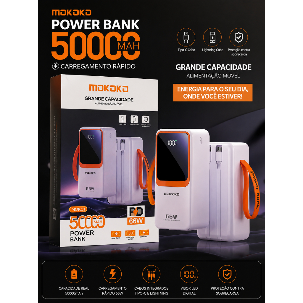 Power Bank 50000 mah   carregador portátil Com Display Carga Rápida 66w