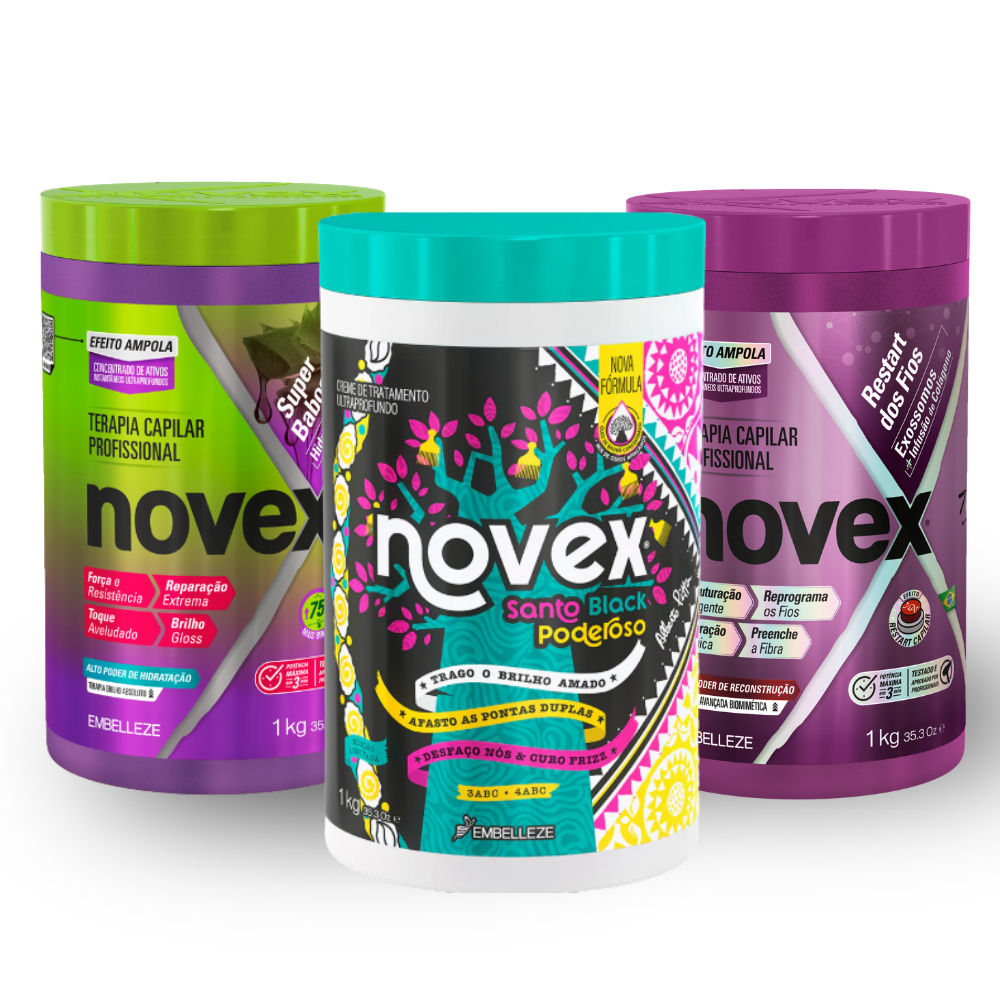 KIT NOVEX CRONOGRAMA CAPILAR PARA CACHEADAS 1KG - SUPER BABOSÃO, BLACK PODEROSO, EXOSSOMOS