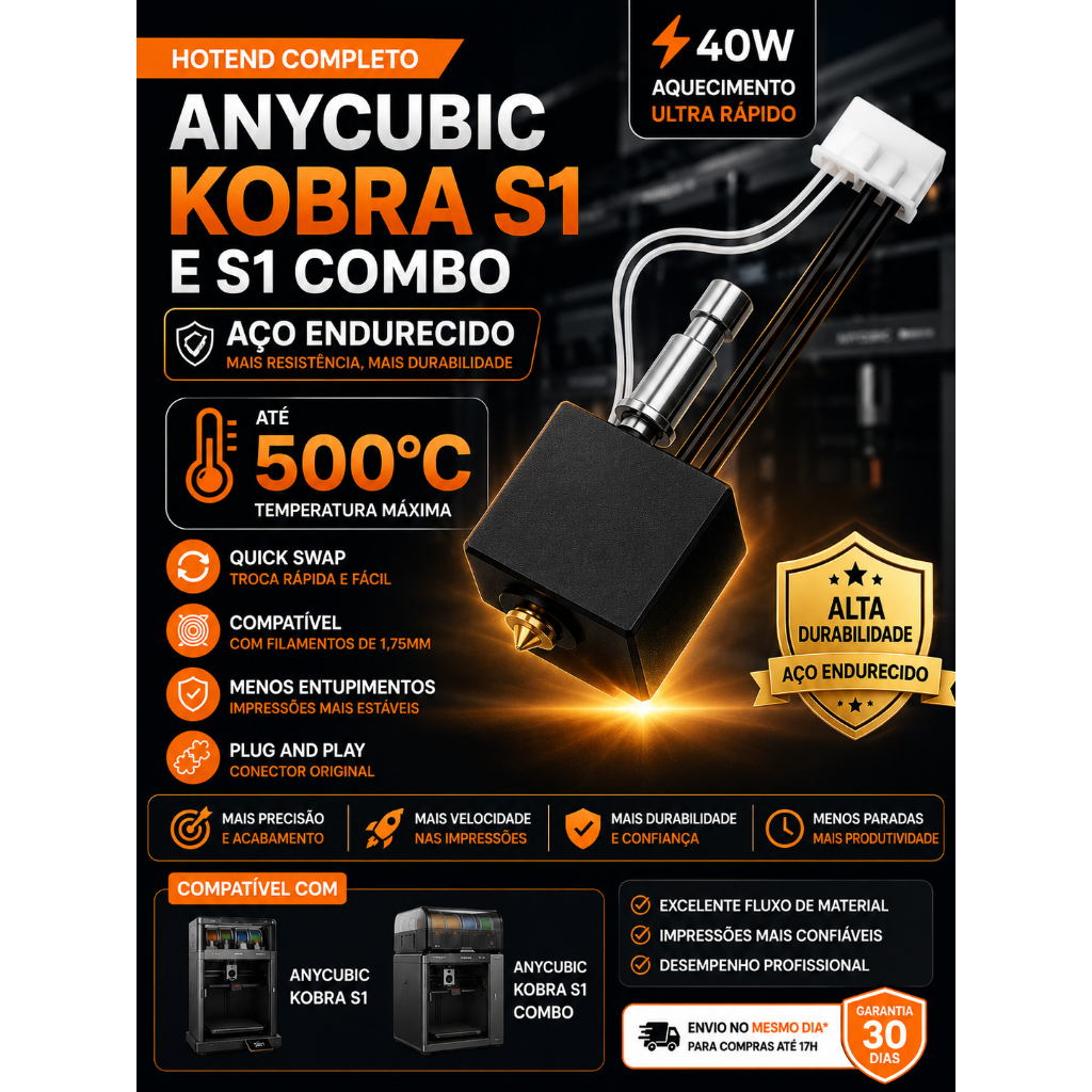 Hotend Anycubic Kobra S1 S1 Combo Bico 0.4mm Aço Endurecido Alta Temperatura Impressora 3D