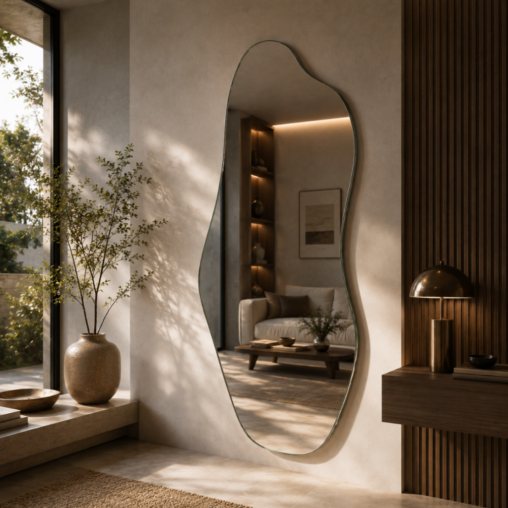 Espelho Mirano Orgânico Madrid 100x40cm Lapidado Grande Moderno Banheiro Lavabo Quarto Parede Luxo