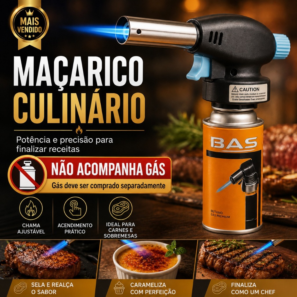 Maçarico Culinário Portátil com Chama Ajustável para Cozinha, Sobremesas e Churrasco-GÁS NÃO INCLUSO