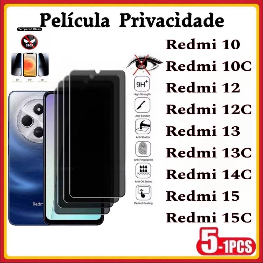 Película Privacidade 3D Vidro Temperado Anti Spy Xiaomi Redmi 15 15C 14C 13C 13