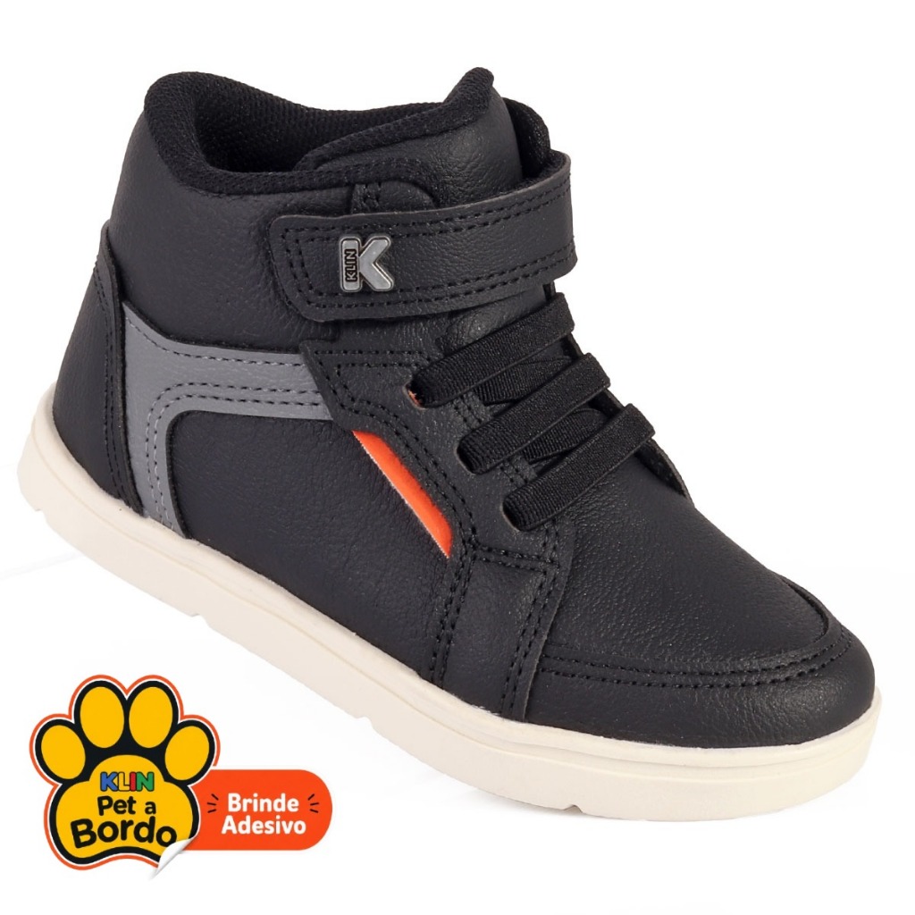Tênis Infantil Menino Cano Médio Klin Fly Anatêmico Leve com Velcro e Elástico - Preto