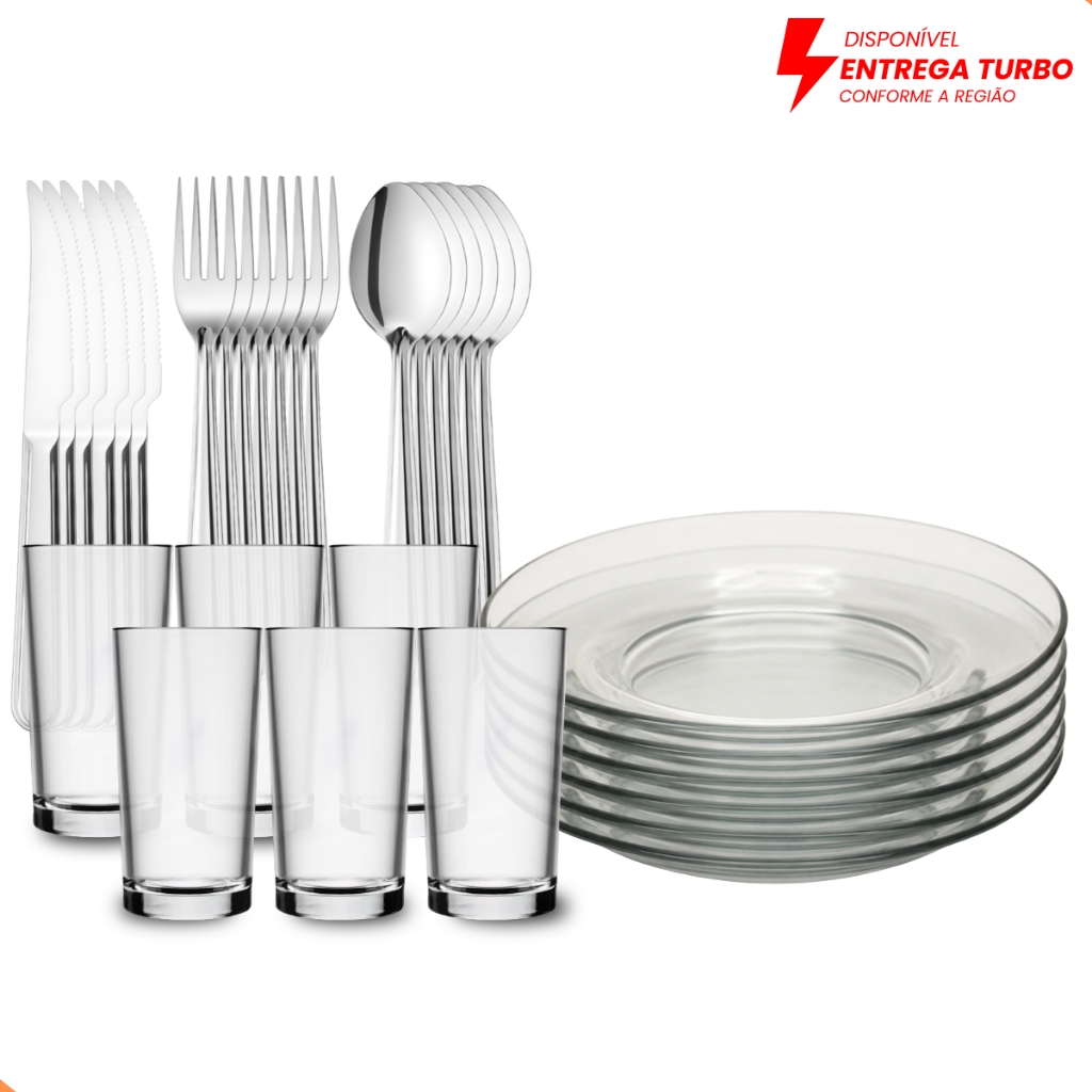 Aparelho de Jantar 30 Peças Em Vidro Com Talheres Inox - Pratos, Copos e Talheres