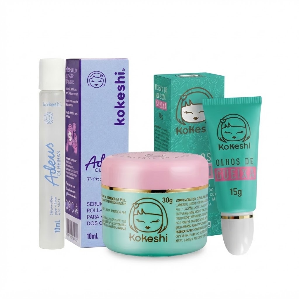 Kit Kokeshi Anti Olheiras - Olhos de Gueixa 15g + Serum Rollon Adeus Olheiras 10ml + Pele de Porcelana 30g