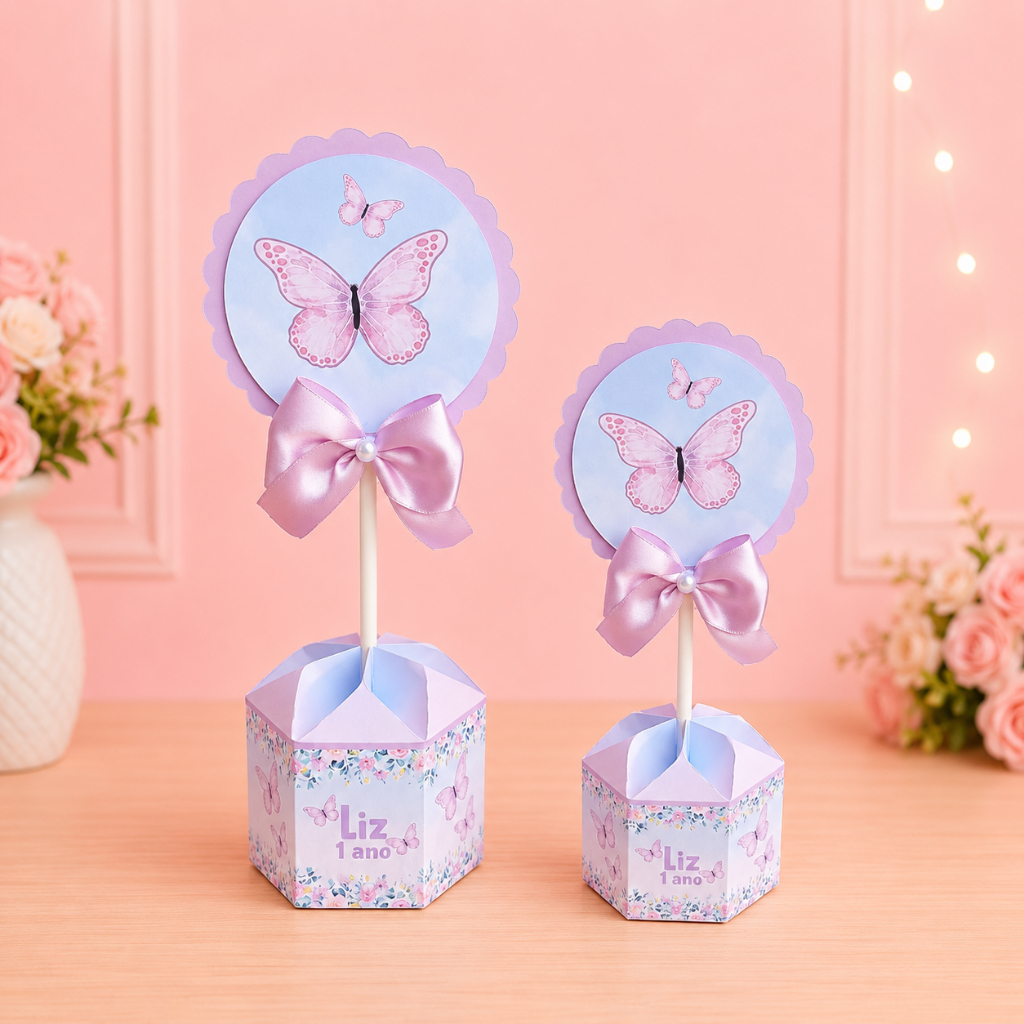 Centro de mesa Jardim das Borboletas Lilás kit festa lembrancinha caixinha personalizado aniversário