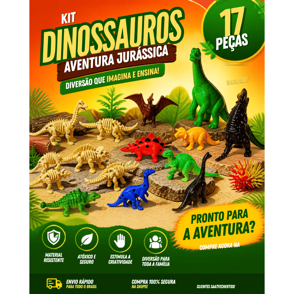 Dinossauros Brinquedo Infantil Animais Pré-Históricos 6 a 10cm Com 7 ou 17 Peças