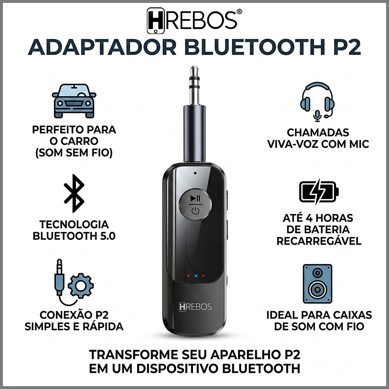 HREBOS Receptor Bluetooth AUX adaptador de áudio Bluetooth 5.4 com microfone para ligações compatível com carros antigos