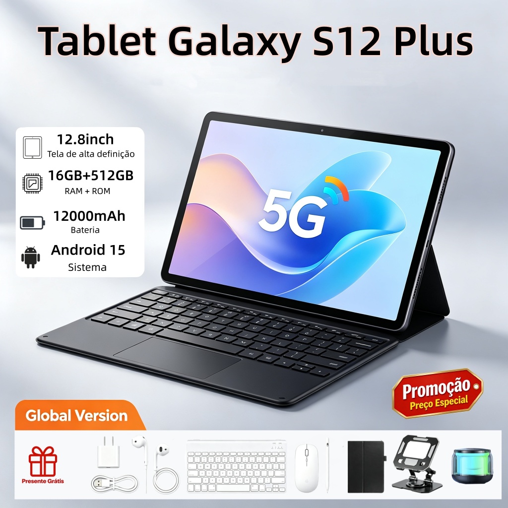 【Teclado e mouse gratuitos】Tablet Galaxy S12 Plus 12,8 polegadas, 16 GB + 512 GB, bateria de 12.000 mAh, com acessórios