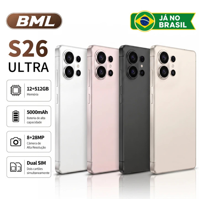 BML Celular S26 ULTRA Original Smartphone 512GB/12GB ram 5G LTE Wi-Fi Dual SIM Bateria De 5000mAh 7.3" Tela,Câmera 108