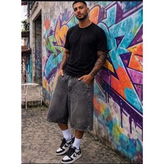BERMUDA BAGGY JEANS JORTS BALÃO SUPER LARGA UNISSEX OVERSIZED STREETWEAR