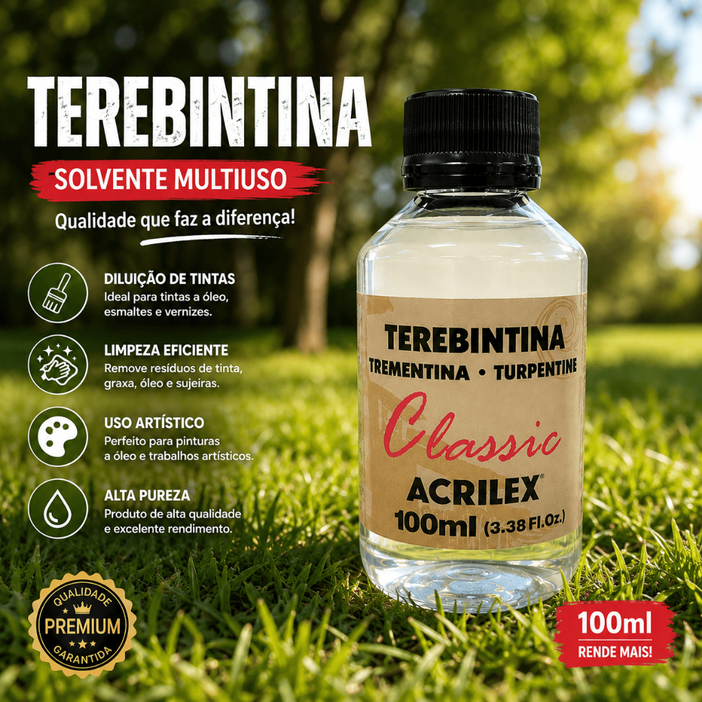 Terebintina Acrilex Classic 100ml Solvente Natural para Tintas a Óleo Limpeza de Pincéis e Diluição