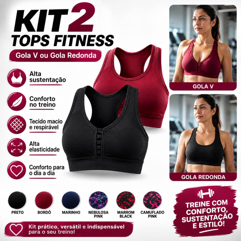 Kit 2 Top Fitness Feminino Academia Sustentação Confortável Zero Transparência Gola V ou Redonda