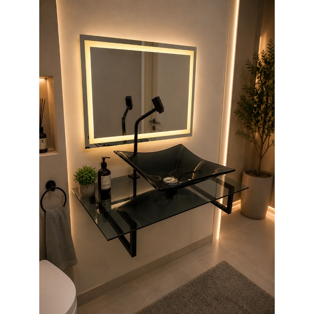 Kit Gabinete Banheiro Vidro Cuba Pia Lavabo com Espelho LED Jateado 60x40 50x40 40x40