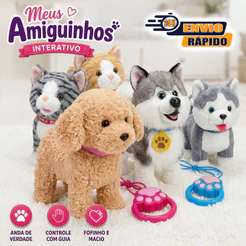 Cachorro ou Gato Interativo De Pelúcia Anda Late Lambe Repete Voz Brinquedo Fofo Toca Musica Reborn