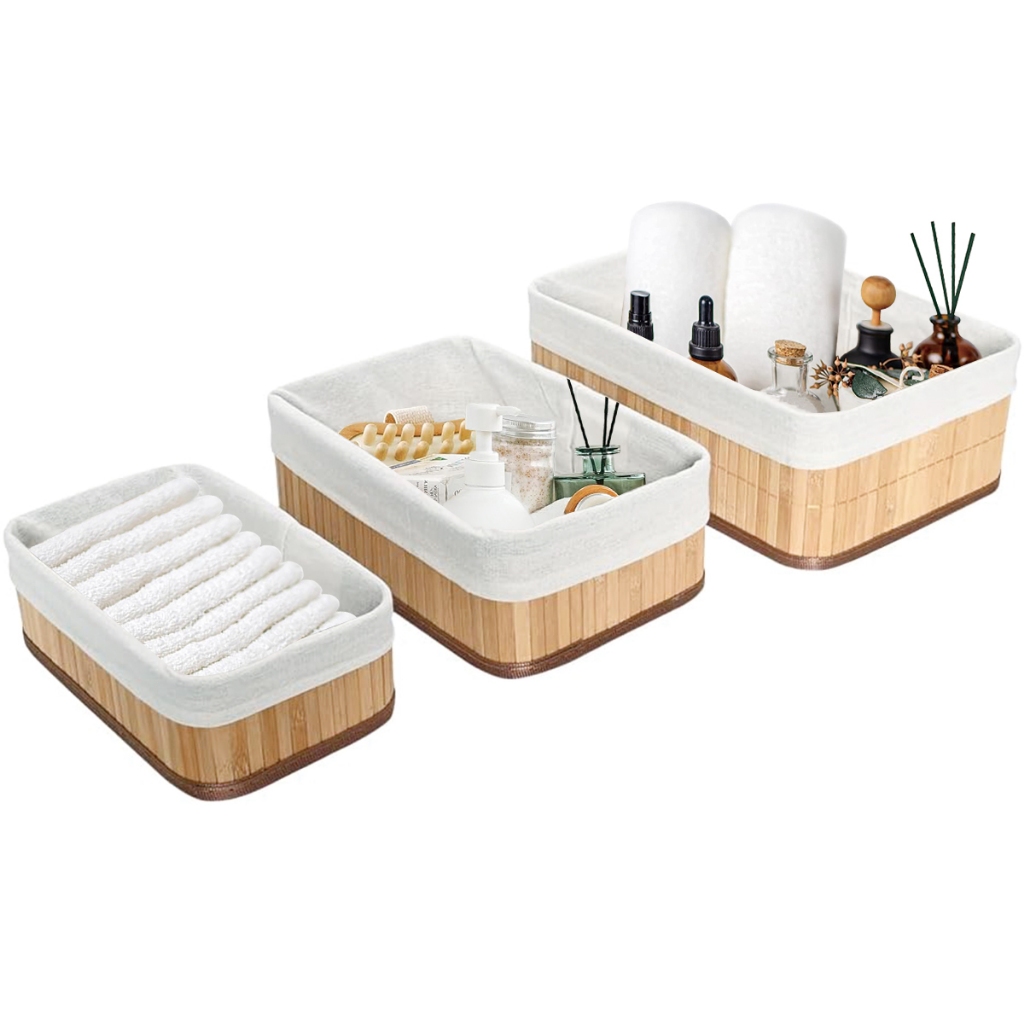 Kit 3 Cestos Organizadores de Bambu com Forro de Tecido Multiuso para Banheiro Quarto Armário